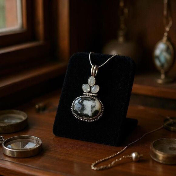 Western White Buffalo Turquoise Rainbow Moonstone Articulating Pendant Necklace - Picture 3 of 6